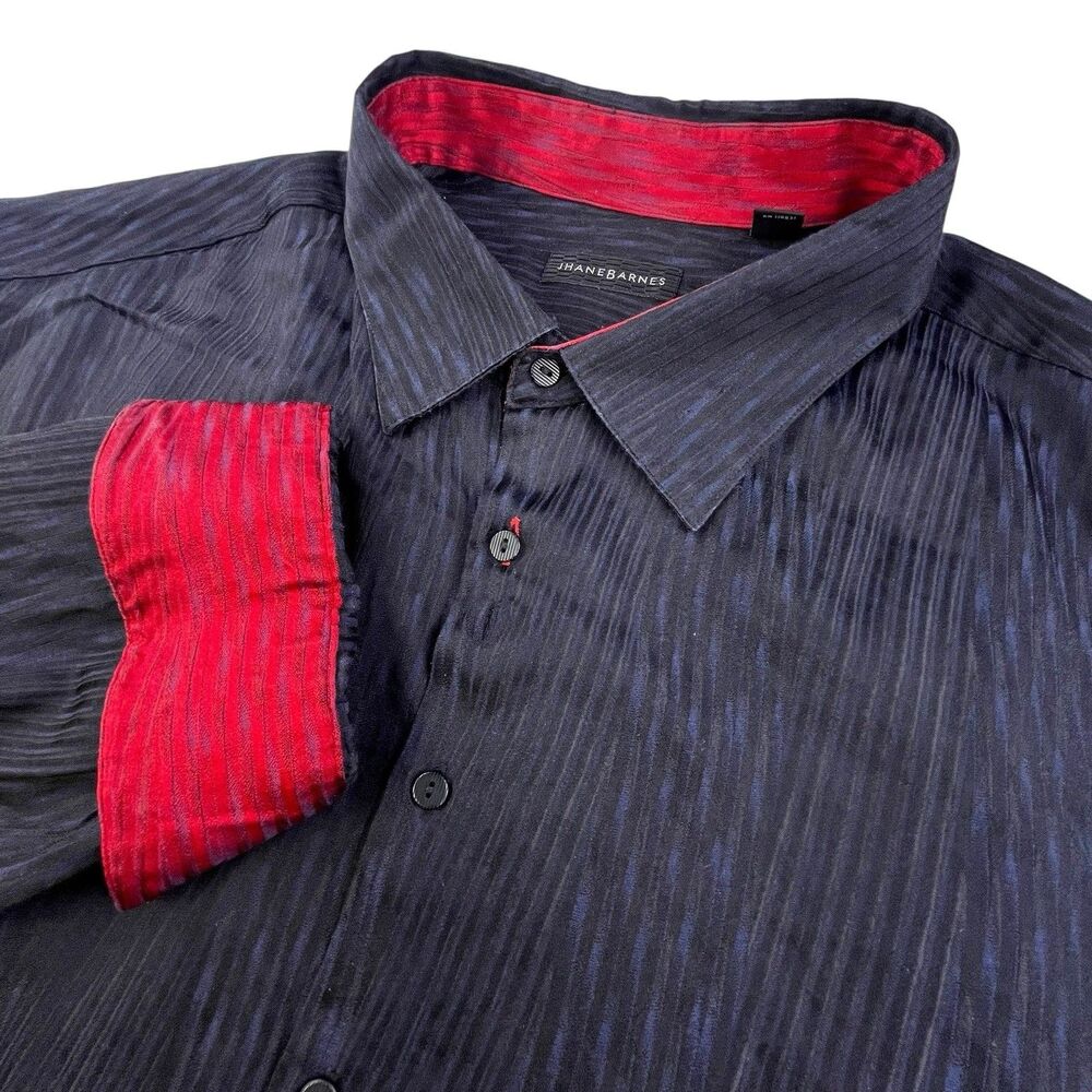 JHANE BARNES Shirt Men 4XL Black Silk Blend Flip Cuff Artistic Waves Textured